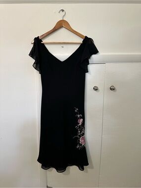 dressbarn Vintage Black Midi Dress with Pink Floral Embroidery